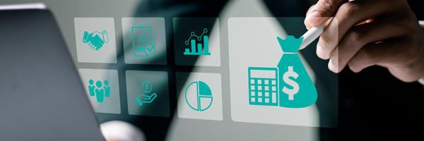 Business professional using a digital tablet with financial forecasting icons.