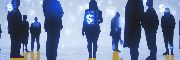 Silhouettes of people surrounded by icons of the dollar sign.