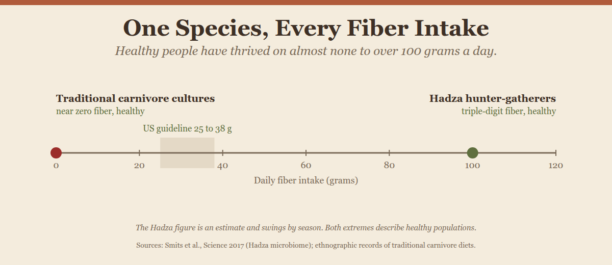 One species, every fiber intake: healthy humans have thrived from near zero to over 100 grams of fiber a day.