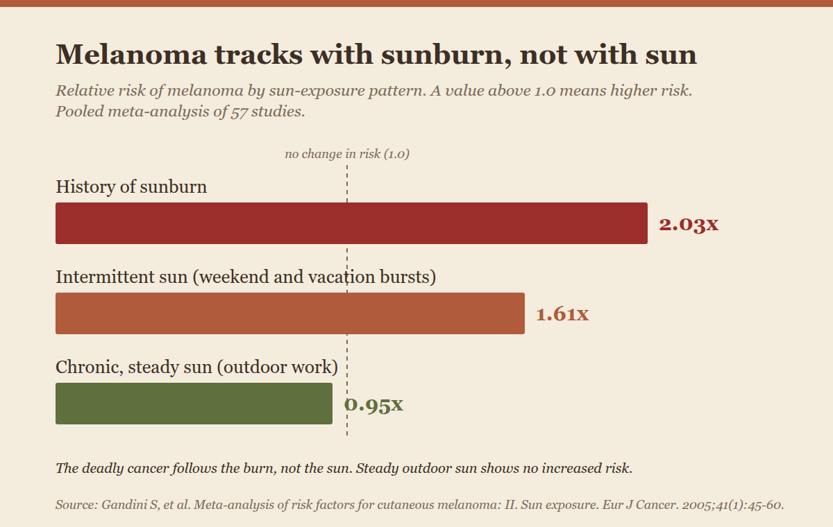 Melanoma risk by sun exposure pattern: sunburn history 2.03x, intermittent sun 1.61x, chronic steady sun 0.95x, Gandini 2005 meta-analysis