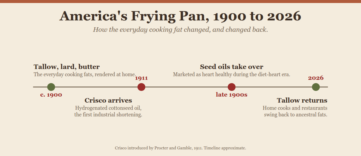 Timeline of America's everyday cooking fat from 1900 to 2026: tallow, lard, and butter around 1900, Crisco arriving in 1911, seed oils taking over in the late 1900s, and tallow returning by 2026.