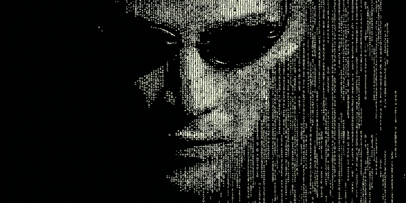 A face composed entirely of falling digital code, emerging from darkness, indicating a possible The One is being formed.