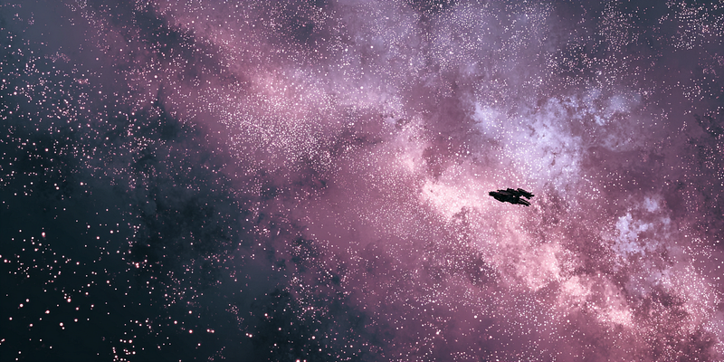 A lone spacecraft drifts through a vast pink and purple nebula, surrounded by millions of stars. A ship that is small, dark,