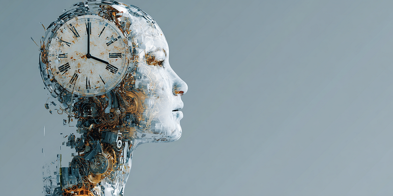 A translucent robotic human head in profile, with a large rusting clock face embedded where the back of the skull would be, s