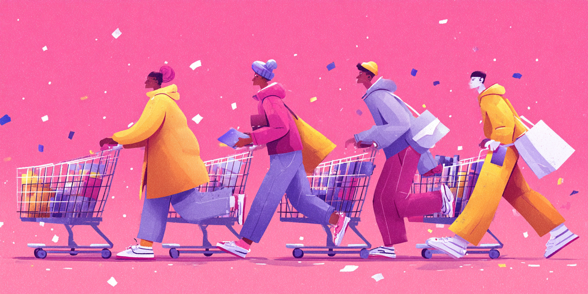 A group of shoppers rushing with full shopping carts, illustration representing SpaceX's Cursor acquisition before IPO payday