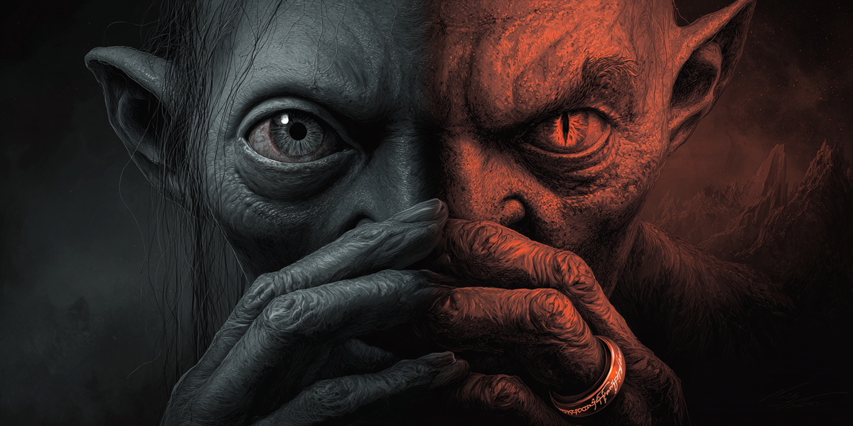 A split-face digital illustration showing Gollum on the left in cold grey tones and Sauron on the right in fiery red, their hands clasped together at the center holding the One Ring.