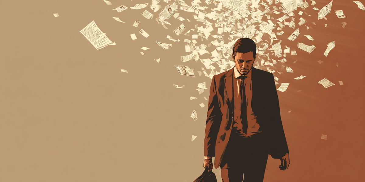 A man in a suit walks alone as resumes and documents scatter into the air around him, illustrating mass white-collar job displacement.