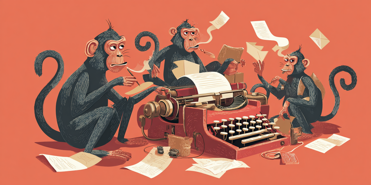 Three monkeys crowded around a red typewriter, papers flying everywhere, looking bored and chaotic — an illustration of the infinite monkey theorem.