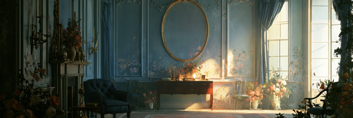 A sunlit blue drawing room with flowers, antique furniture, tall windows, and an ornate mirror, evoking a refined Regency interior