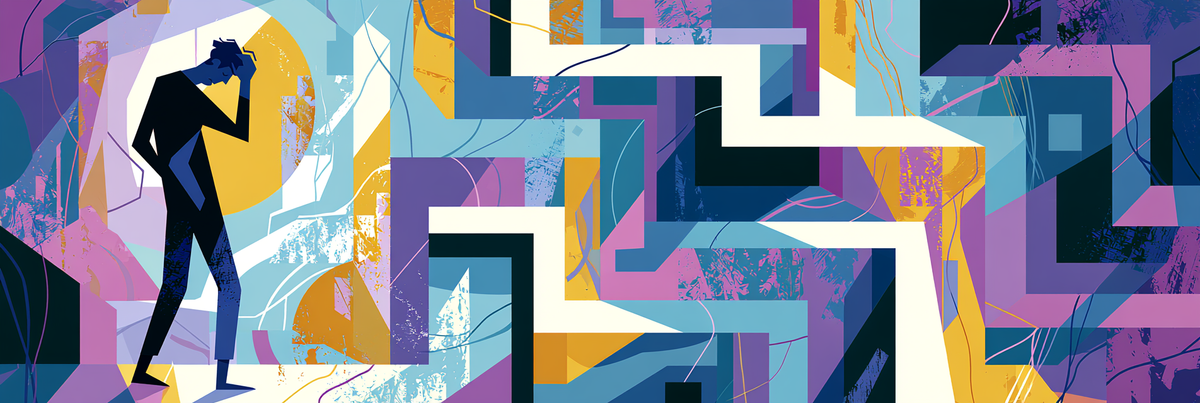 A colorful vector illustration of a person feeling overwhelmed while facing a complex geometric labyrinth, symbolizing the challenges and confusion of navigating software installation.