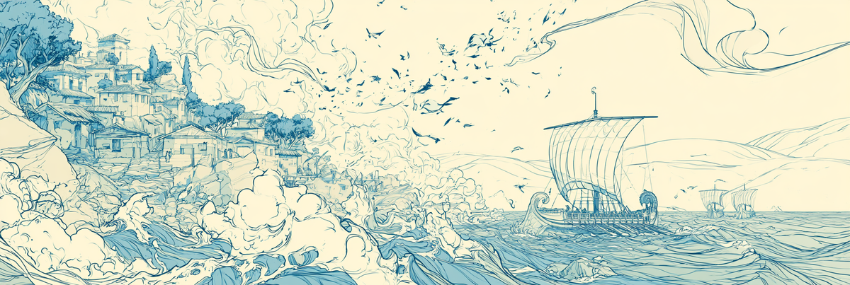 Greek ship sails away from a burning coastal city across rough seas, rendered in blue ink on a pale background.