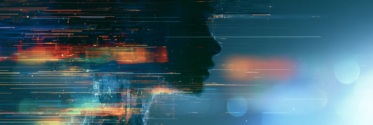 Abstract side-profile portrait fragmented by glowing horizontal data lines, facing an open blue field.