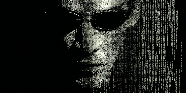 A face composed entirely of falling digital code, emerging from darkness, indicating a possible The One is being formed.