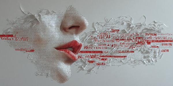 A face made of layered text and torn paper, exhaling a stream of fragmented, multilingual words that dissolve into unreadable