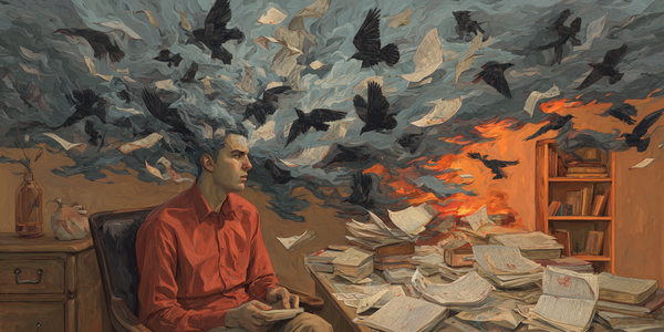 A man sits calmly at a desk buried in papers, as crows swirl and a bookshelf burns behind him. The chaos of a Tesla earnings report, distilled.