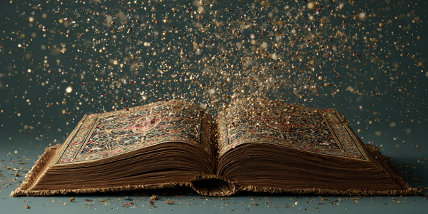 An ornate illuminated book open with golden particles rising from its pages against a dark background.