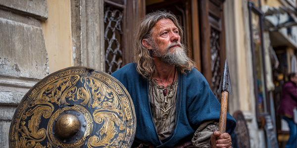 A weathered merchant sits against a stone wall, holding a spear in one hand with an ornate shield beside him, looking into the distance with a conflicted expression.