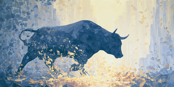 A dark blue bull charging forward, dissolving into fragments of gold and silver at its edges, set against a hazy golden light background with towering structures on either side.