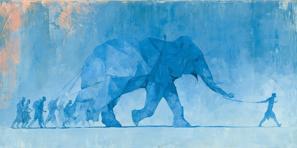 A blue geometric elephant being led forward by one figure at the front while a line of figures pulls from behind, painted in shades of blue against a textured blue and orange background.