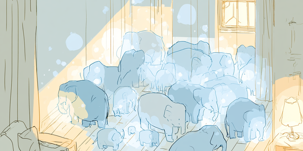 A room filled with a herd of elephants of all sizes, rendered in soft blue sketch style, with warm light coming through the window.