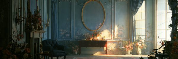 A sunlit blue drawing room with flowers, antique furniture, tall windows, and an ornate mirror, evoking a refined Regency interior