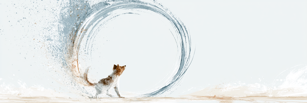 A lone dog chasing its tail, creating a circular brushstroke on a pale, open landscape.