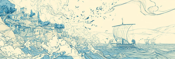 Greek ship sails away from a burning coastal city across rough seas, rendered in blue ink on a pale background.