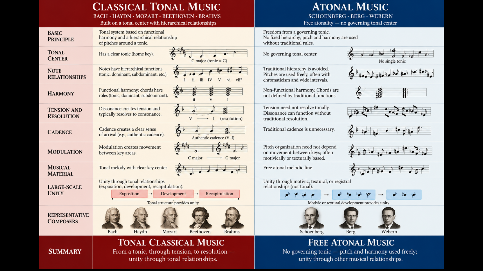 Classical tonal music vs. atonal music — chart from Saturday Class