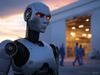 A humanoid robot with glowing red eyes arrives at a factory. Workers walk away in the background.