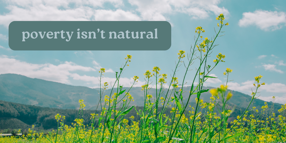 Plants in a field with mountains and a blue sky with clouds in the background. Text says poverty isn't natural