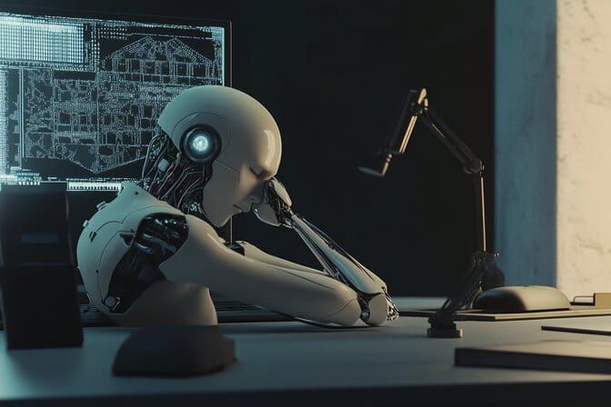 Image of a humanoid robot at a desk engaged in complex thought