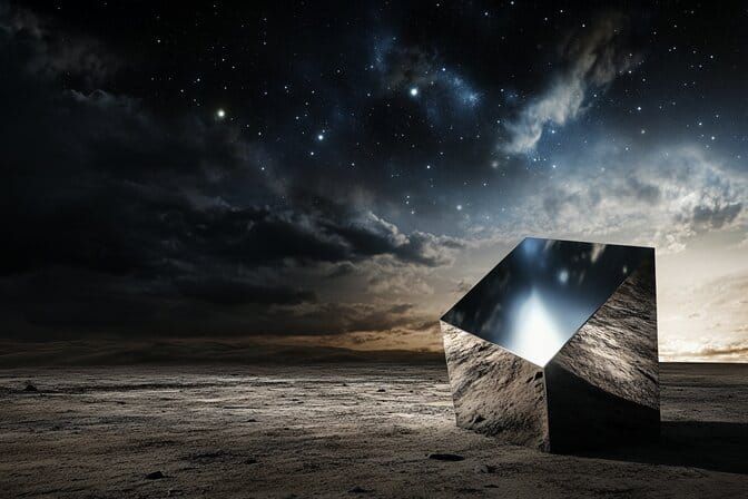 Image of a shiny metallic object sitting alone on a barren planet with a backdrop of the stars
