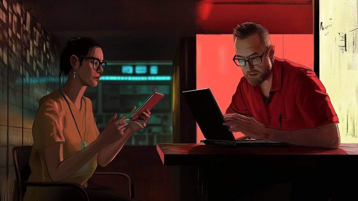 Image of two people using computers while talki