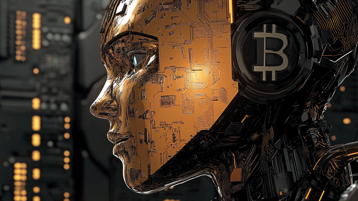 A robot head with a Bitcoin logo in the ear