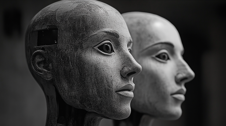 Two heads looking to the right