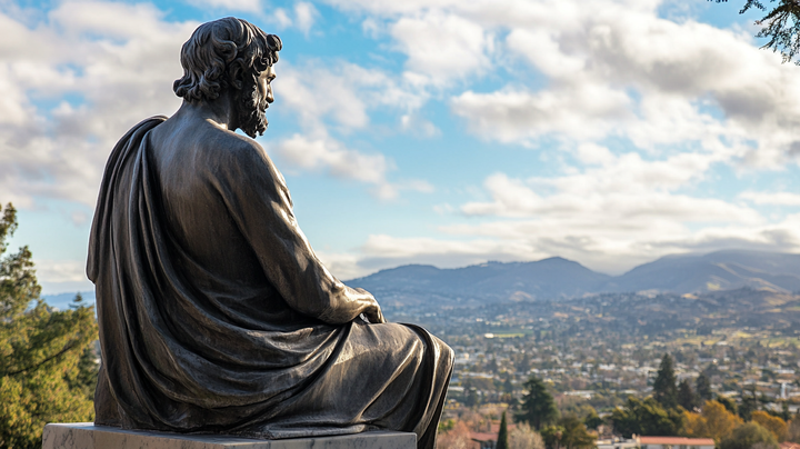 A statue of a sitting philosopher overlooks Silicon Valley