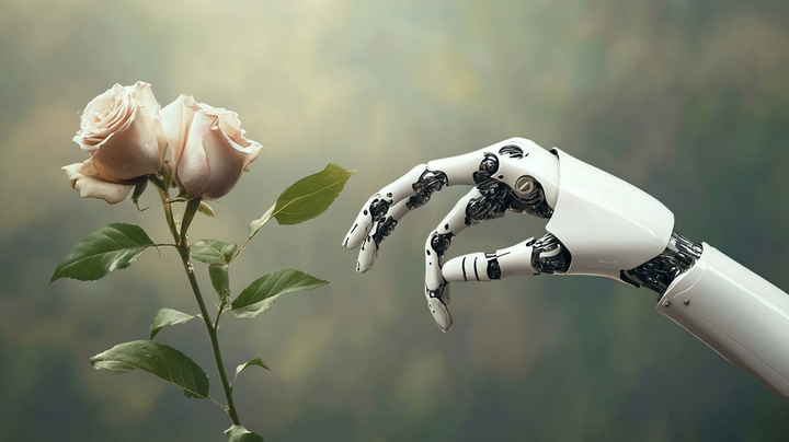 A robotic hand extends towards some pink roses