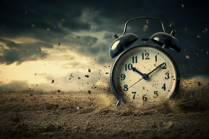 Image of a clock in soil with fragments moving quickly away