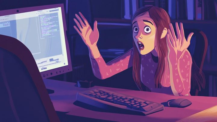 Image of a woman sat at a computer with her arms in the air in frustration