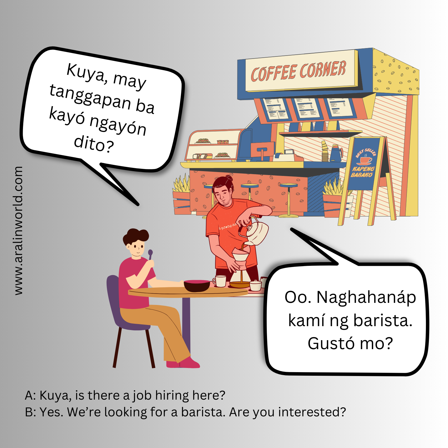 Tagalog Conversation: Naghahanáp siyá ng trabaho.