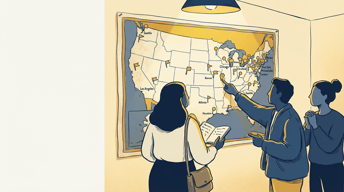 A family studying a US map with gold pins, deciding where to go for careers