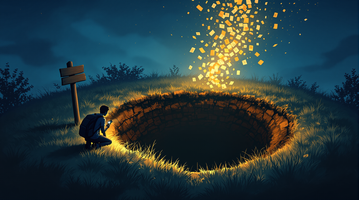 Illustration: a student kneels with a flashlight at the edge of a glowing rabbit hole at night, golden slips of fine print swirling up out of it