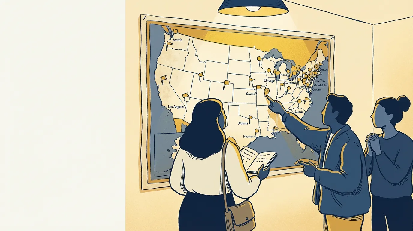 A family studying a US map with gold pins, deciding where to go for careers