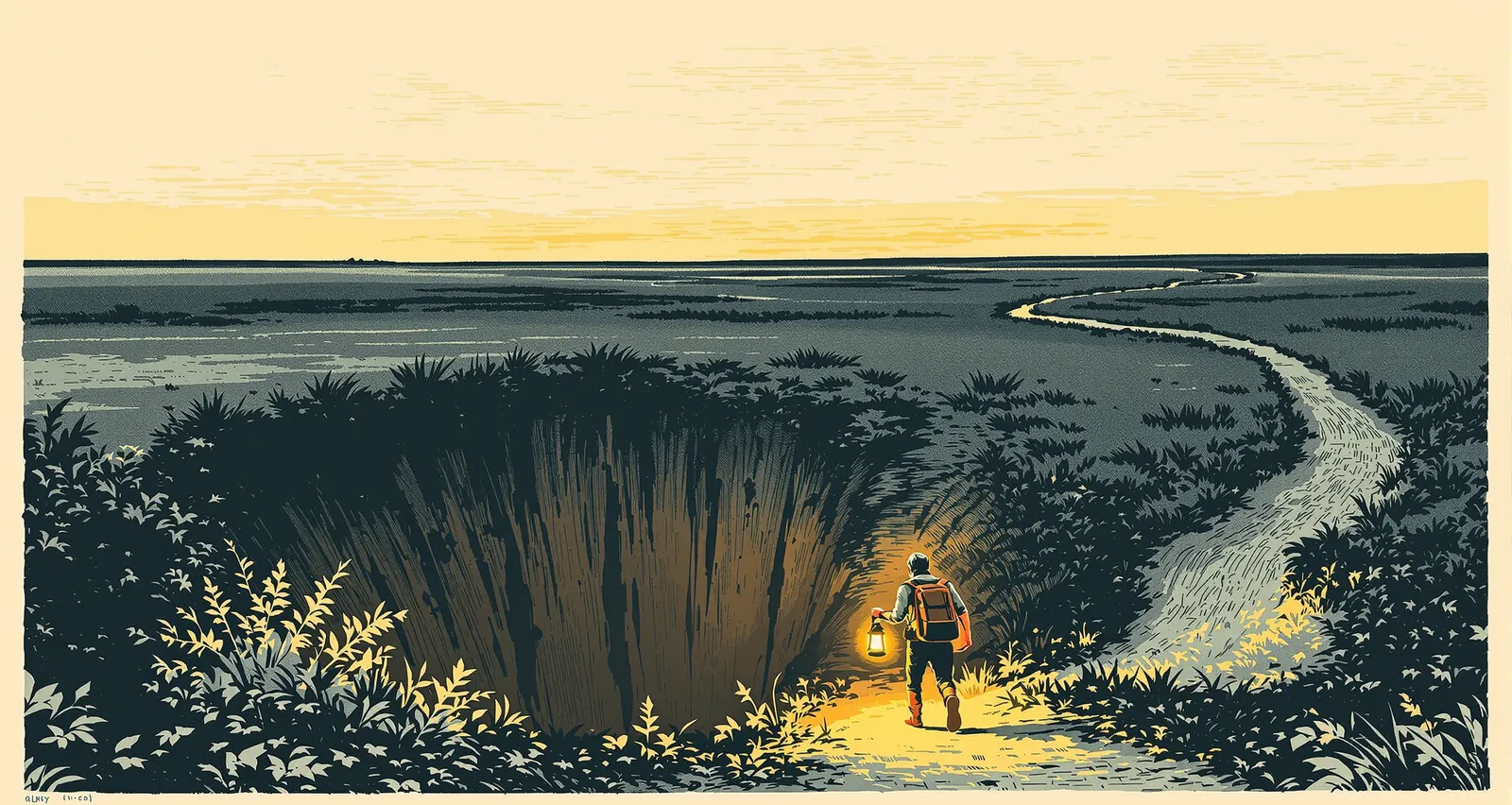 A traveller on a worn path stops short at the edge of a hidden pit, holding a lantern low so its light exposes the drop.