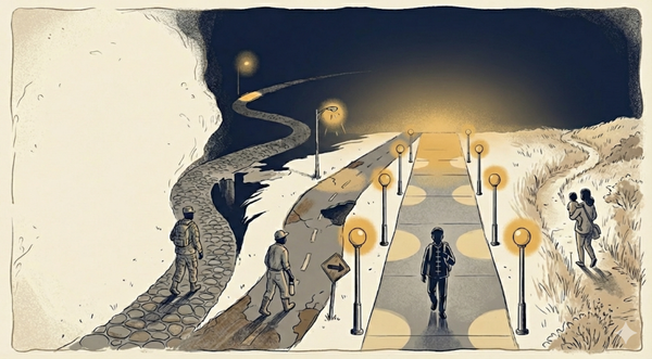 Four paths through higher education converging at a common destination — an illustration for College Azimuth