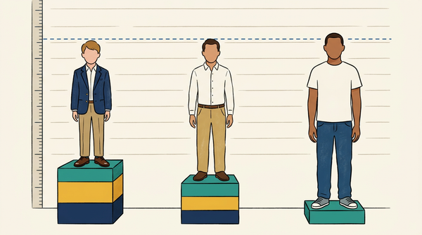 Three figures of different heights standing on layered platforms, all reaching the same measurement line