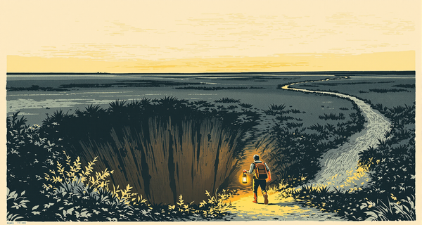 A traveller on a worn path stops short at the edge of a hidden pit, holding a lantern low so its light exposes the drop.