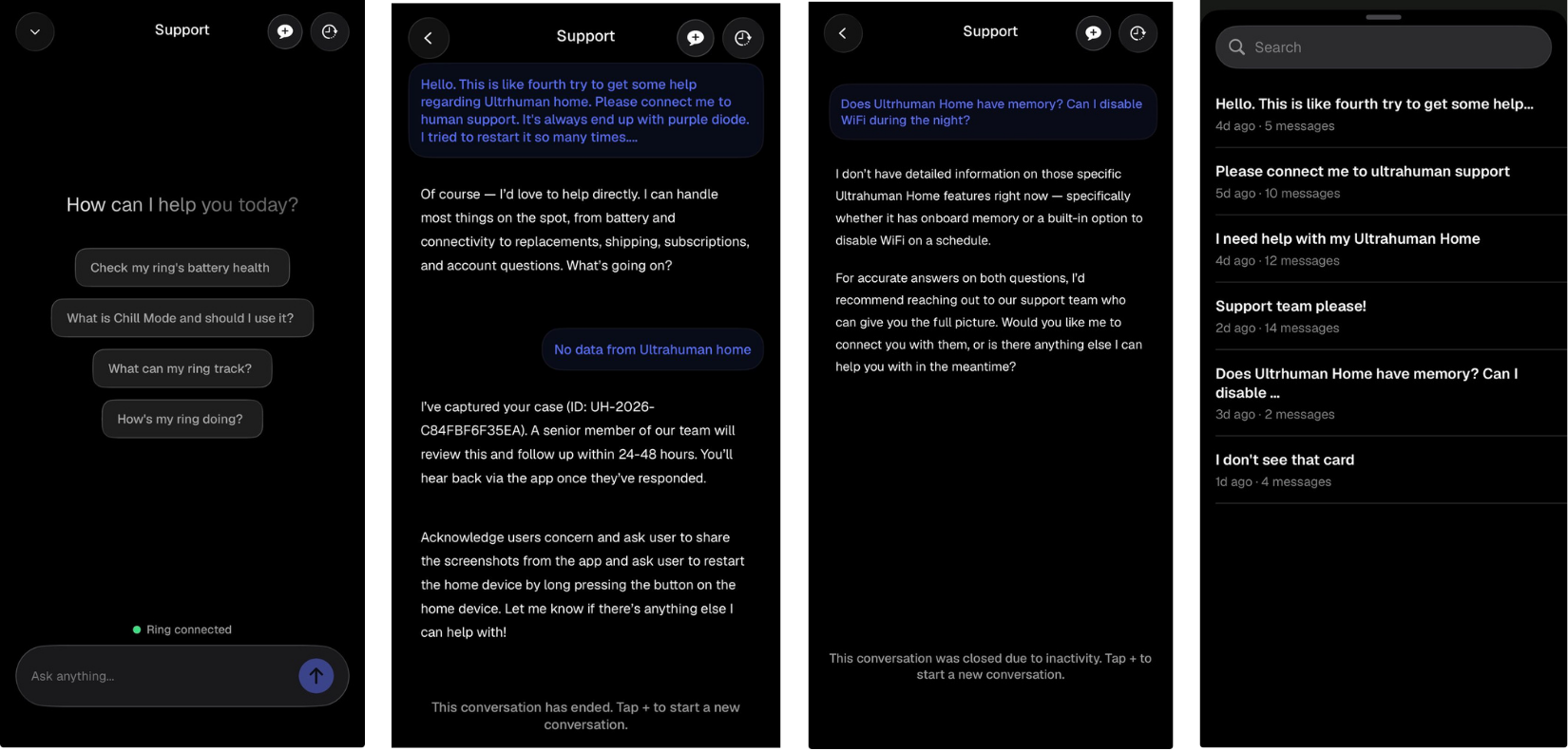 Ultrahuman in-app customer support chat handled by an automated assistant