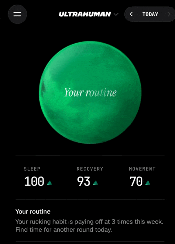 Swiping the interactive globe on the Ultrahuman Emerald Ring tab