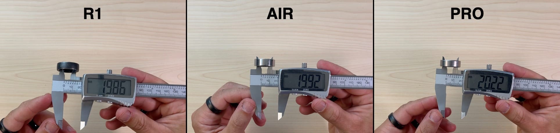 Inner diameter comparison: R1 19.86 mm, Air 19.92 mm, Ultrahuman PRO 20.22 mm